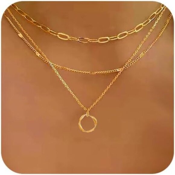 Layered Gold Necklaces for Women, 3 Layer Necklace Trendy Paperclip Twisted Pend - Picture 1 of 6